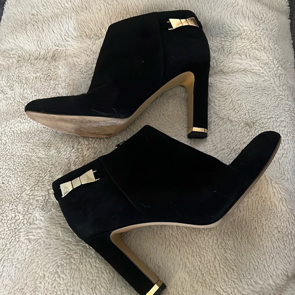 kate spade Black Suede Heeled Ankle Boots with Gold Accent